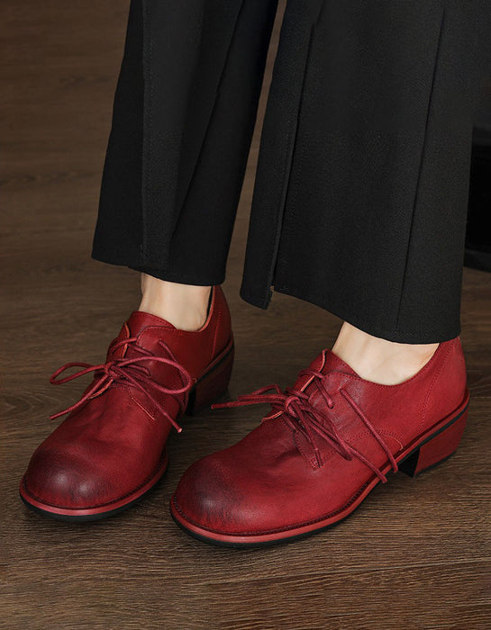 Autumn Spring Real Leather Handmade Chunky Heels Loafers