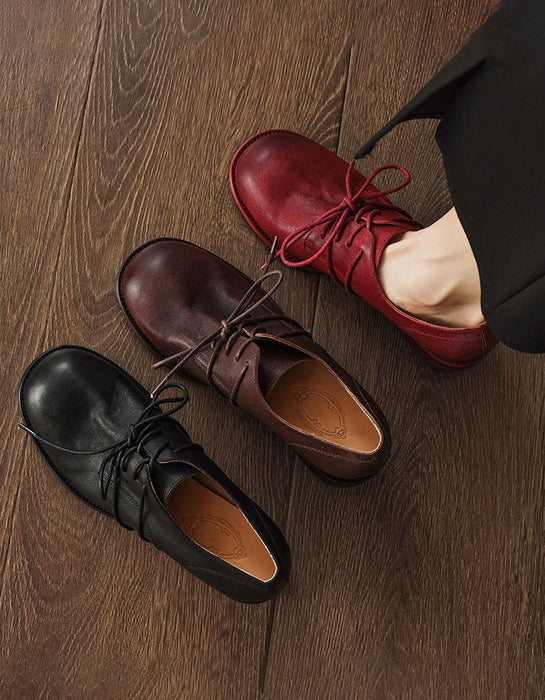 Autumn Spring Real Leather Handmade Chunky Heels Loafers