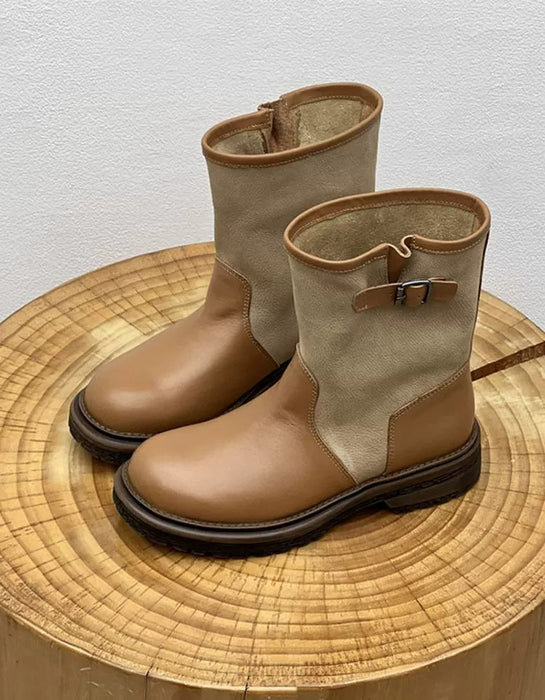 Women's Autumn Winter Buckle Detail Vintage Color-Block Mid-Calf Boots Brown, Obiono Sep Shoes Collection 2026, 130.00