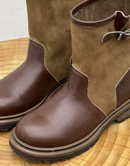 Women's Autumn Winter Buckle Detail Vintage Color-Block Mid-Calf Boots, Obiono Sep Shoes Collection 2026, 130.00