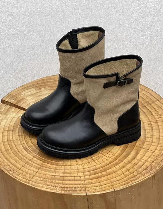 Women's Autumn Winter Buckle Detail Vintage Color-Block Mid-Calf Boots Black, Obiono Sep Shoes Collection 2026, 130.00