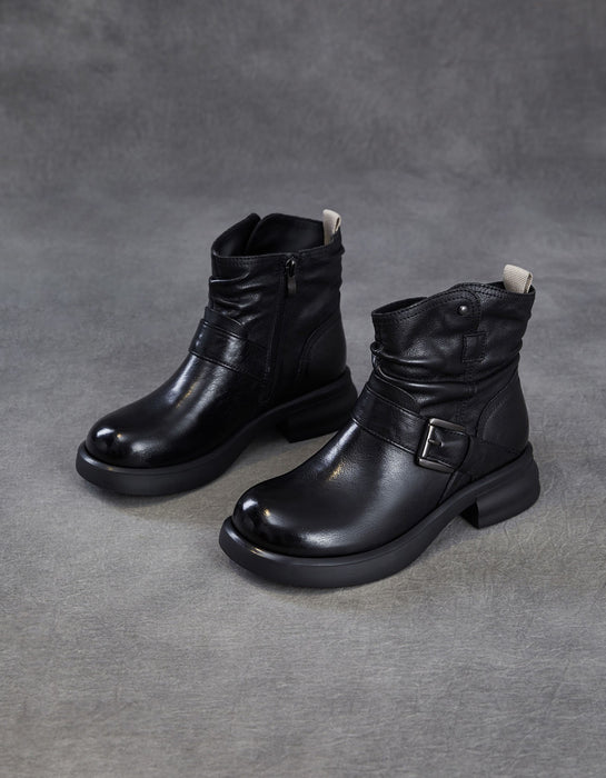 Women's Autumn Winter Genuine Leather Buckle Front Ankle Slouch Boots Black, Obiono Oct Shoes Collection 2026, 95.00