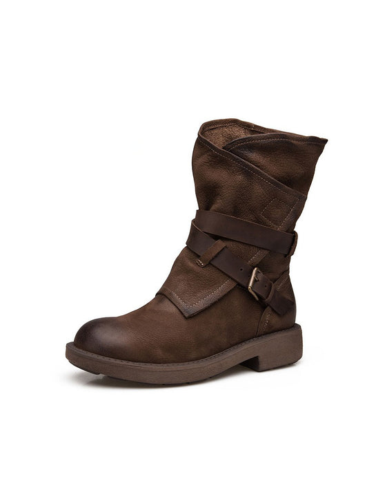 Autumn Winter Genuine Leather Mid-calf Belt Buckle Martin Boots