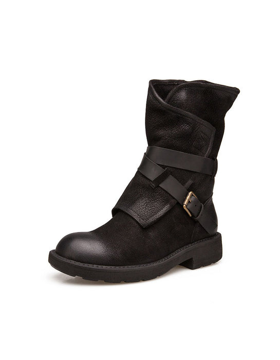Autumn Winter Genuine Leather Mid-calf Belt Buckle Martin Boots