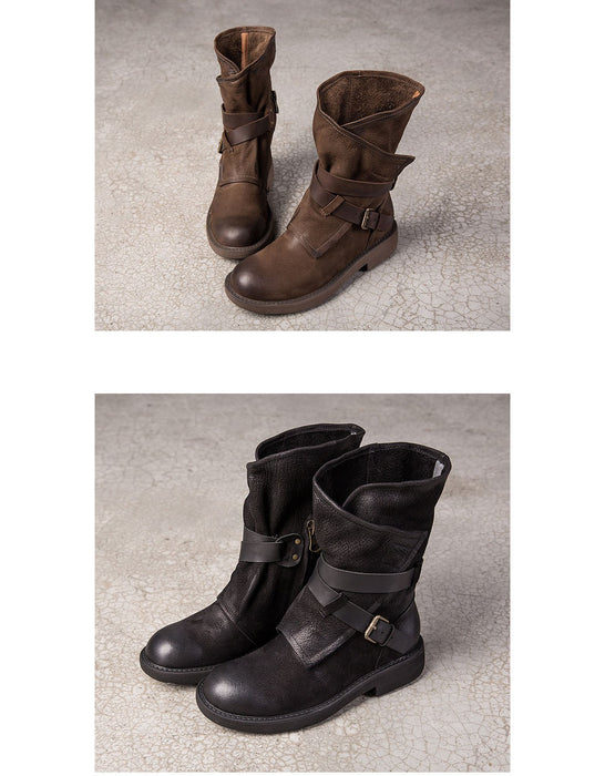 Autumn Winter Genuine Leather Mid-calf Belt Buckle Martin Boots