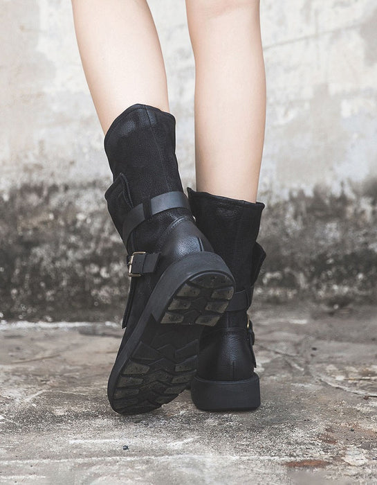 Autumn Winter Genuine Leather Mid-calf Belt Buckle Martin Boots