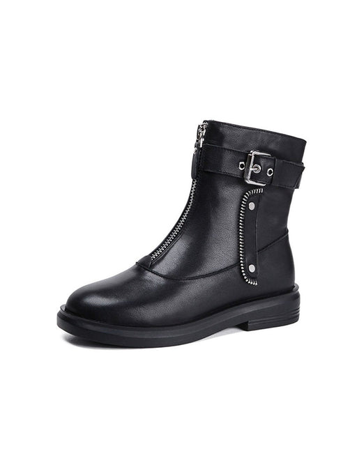 A single black faux-leather ankle boot with a side zipper, buckle strap detail, and silver-toned hardware, shown from a three-quarters angle on a white background.