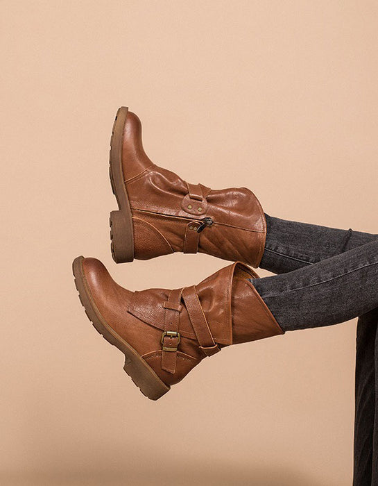 Autumn Winter Real Leather Belt Buckle Motorcycle Boots