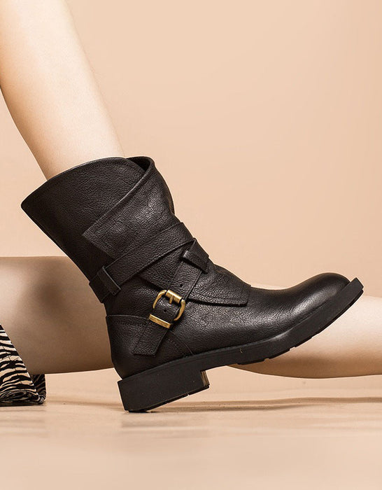 Autumn Winter Real Leather Belt Buckle Motorcycle Boots
