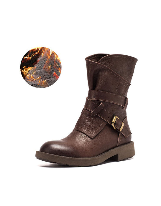 Autumn Winter Real Leather Belt Buckle Motorcycle Boots