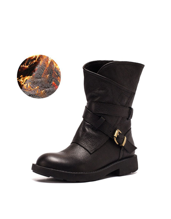 Autumn Winter Real Leather Belt Buckle Motorcycle Boots