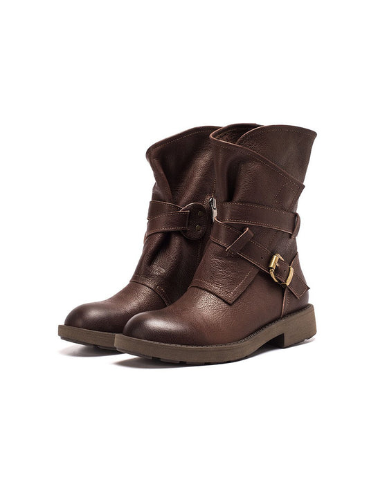 Autumn Winter Real Leather Belt Buckle Motorcycle Boots