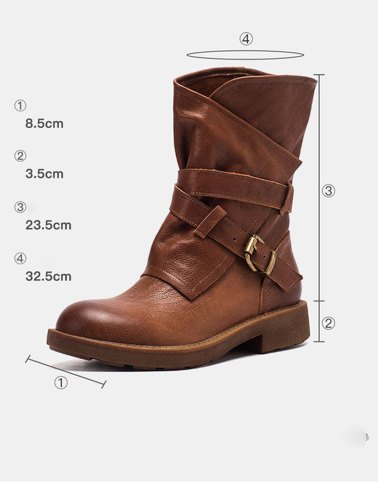 Autumn Winter Real Leather Belt Buckle Motorcycle Boots