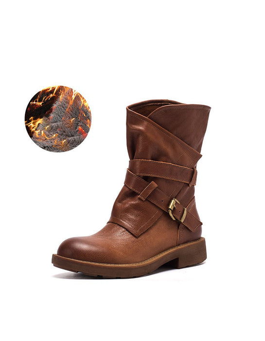 Autumn Winter Real Leather Belt Buckle Motorcycle Boots
