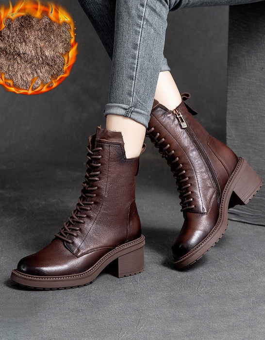 Autumn Winter Retro Leather Chunky Heels Combat Boots