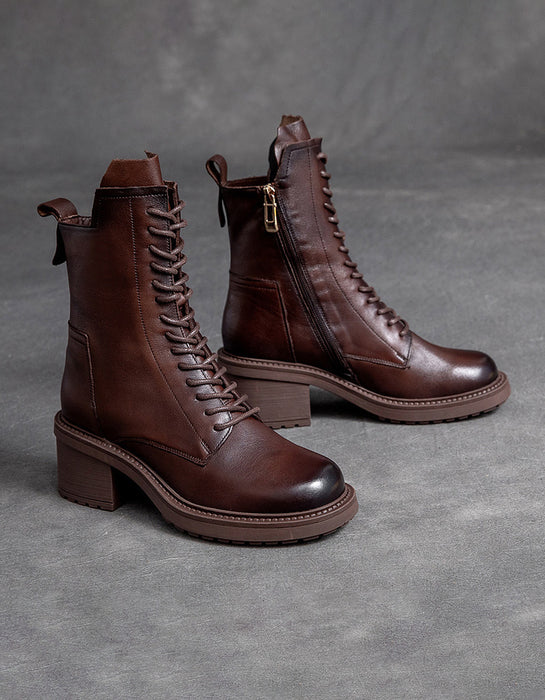 Autumn Winter Retro Leather Chunky Heels Combat Boots