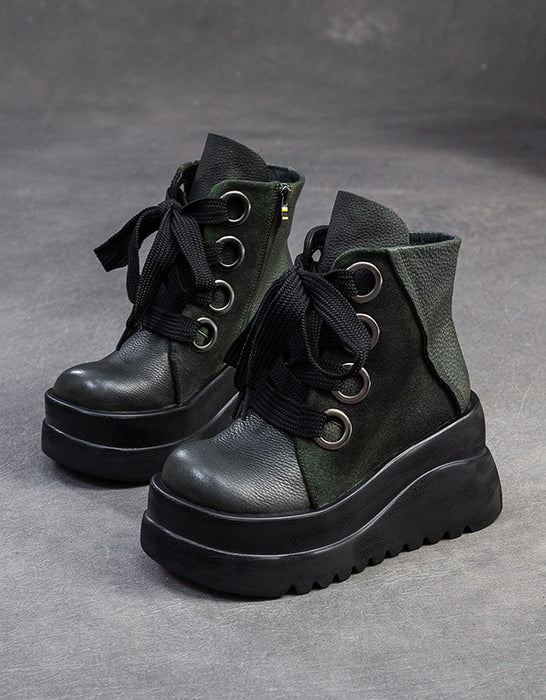 Autumn Winter Retro Leather Lace-up Platform Boots