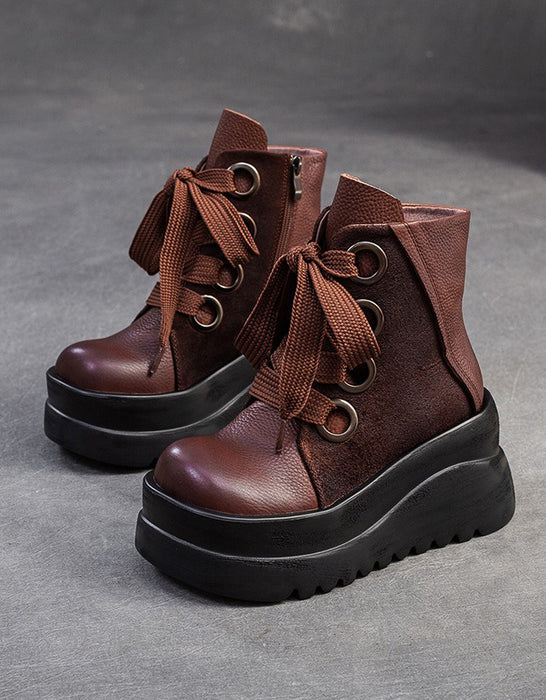 Autumn Winter Retro Leather Lace-up Platform Boots