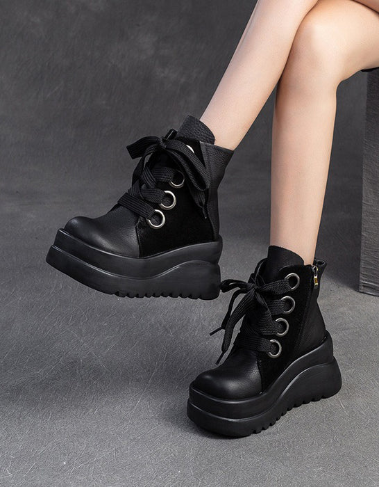 Autumn Winter Retro Leather Lace-up Platform Boots