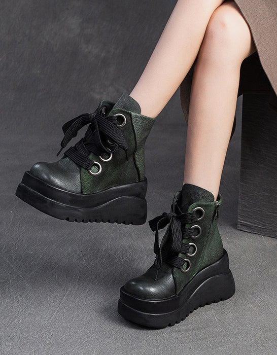 Autumn Winter Retro Leather Lace-up Platform Boots