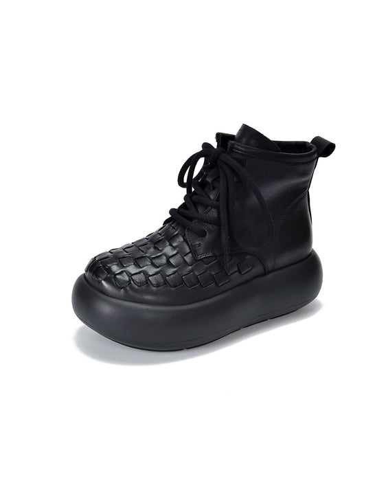 Autumn Winter Leather Woven Lae-up Platform Boots