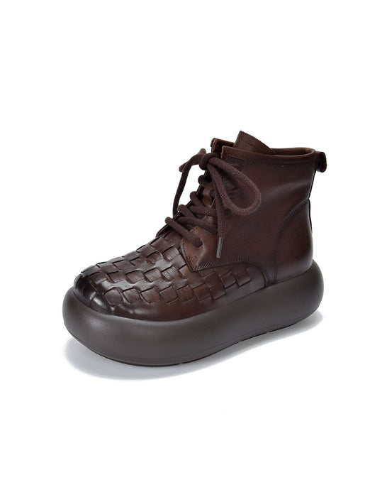 Autumn Winter Leather Woven Lae-up Platform Boots
