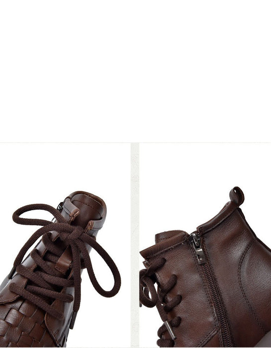 Autumn Winter Leather Woven Lae-up Platform Boots