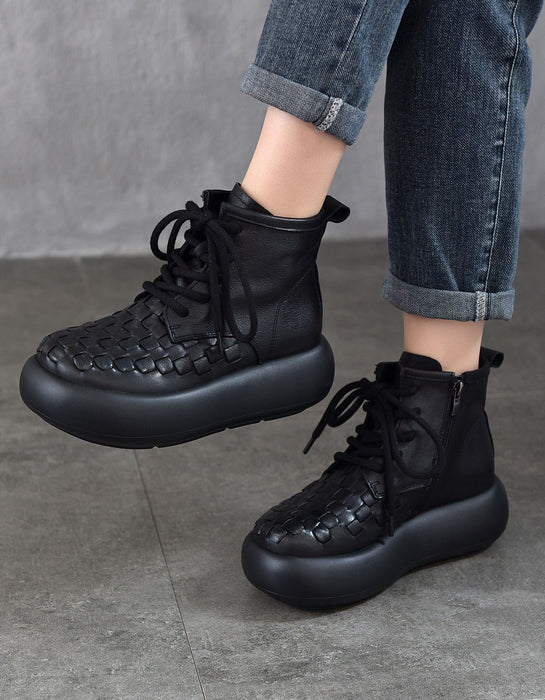 Autumn Winter Leather Woven Lae-up Platform Boots