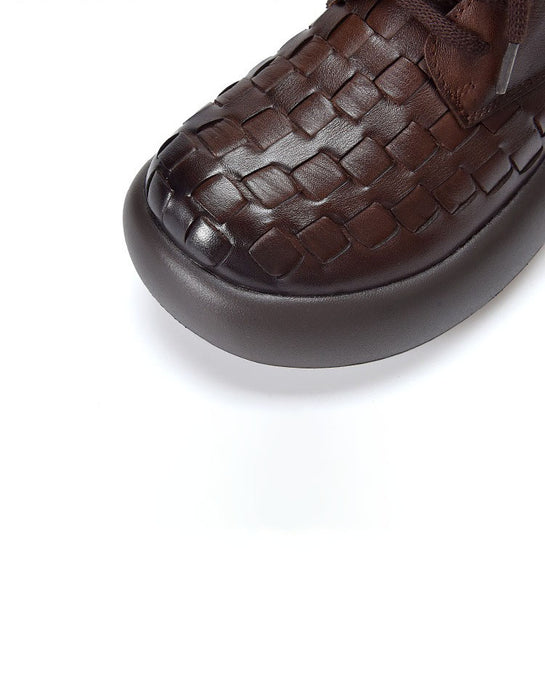 Autumn Winter Leather Woven Lae-up Platform Boots