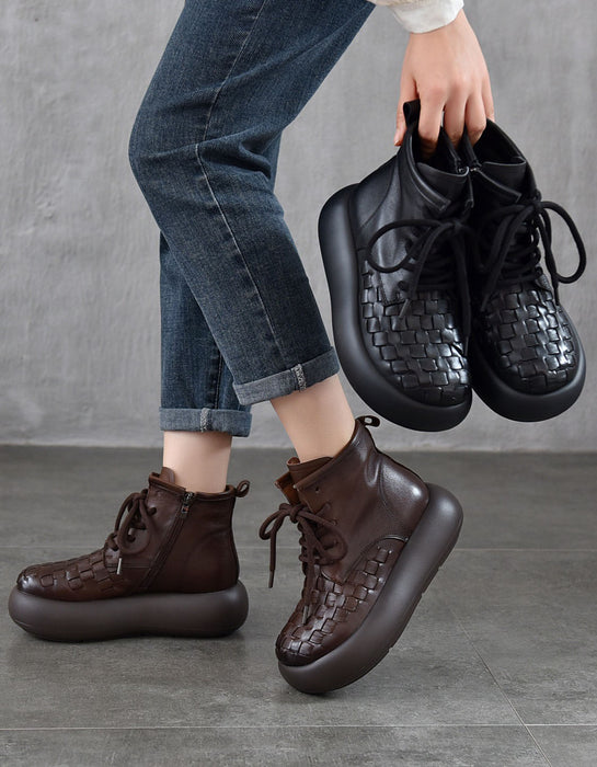 Autumn Winter Leather Woven Lae-up Platform Boots