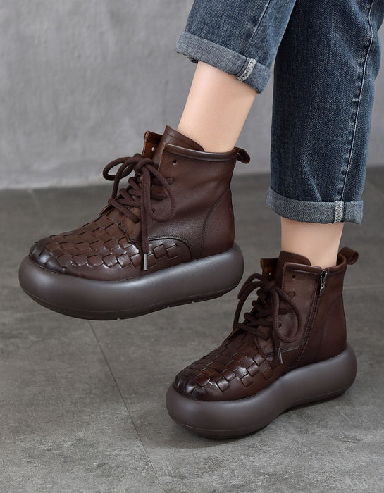 Autumn Winter Leather Woven Lae-up Platform Boots