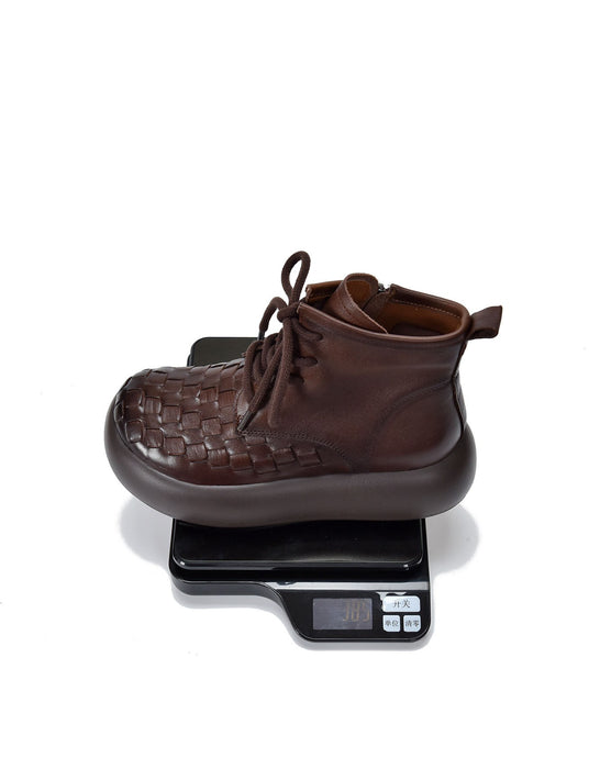 Autumn Winter Leather Woven Lae-up Platform Boots