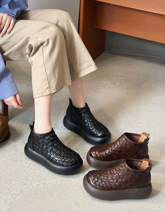 Autumn Winter Round Toe Leather Woven Platform Boots