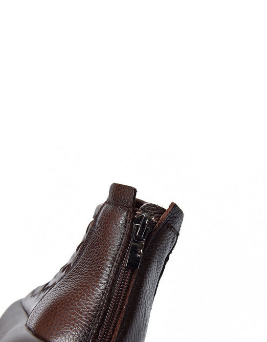 Autumn Winter Round Toe Leather Woven Platform Boots