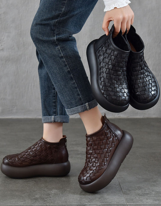Autumn Winter Round Toe Leather Woven Platform Boots