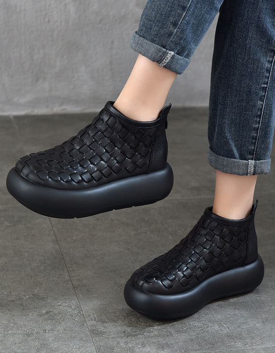 Autumn Winter Round Toe Leather Woven Platform Boots