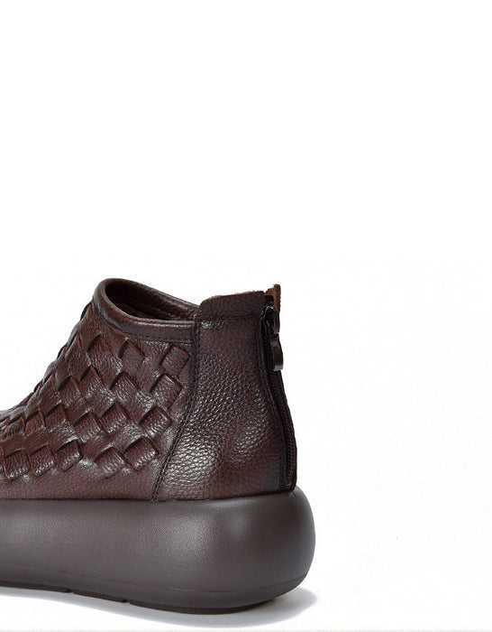 Autumn Winter Round Toe Leather Woven Platform Boots