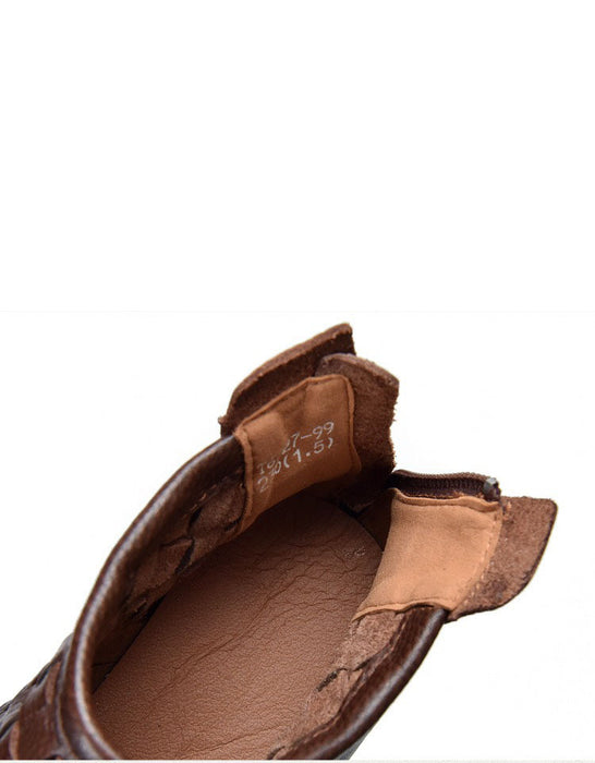 Autumn Winter Round Toe Leather Woven Platform Boots