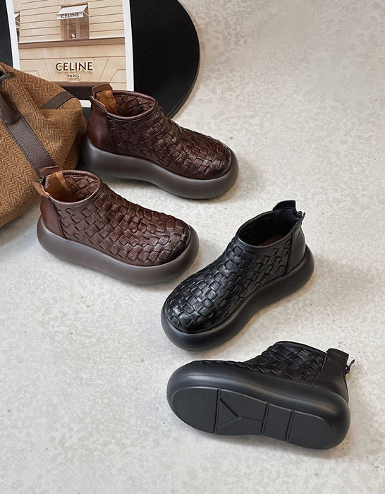 Autumn Winter Round Toe Leather Woven Platform Boots