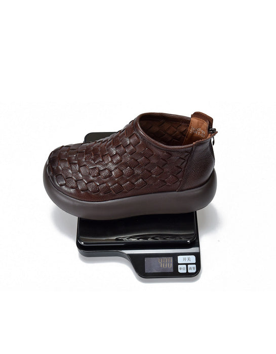 Autumn Winter Round Toe Leather Woven Platform Boots