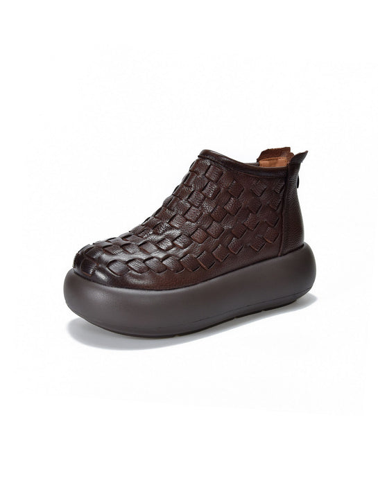 Autumn Winter Round Toe Leather Woven Platform Boots