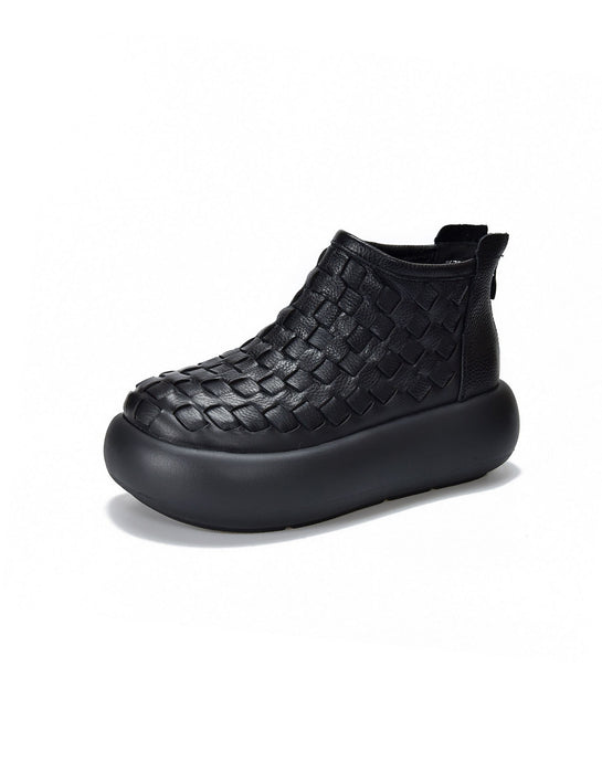 Autumn Winter Round Toe Leather Woven Platform Boots