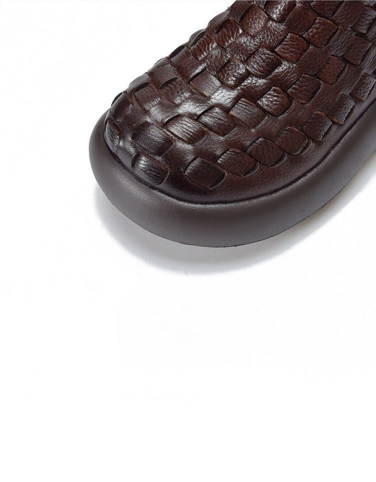 Autumn Winter Round Toe Leather Woven Platform Boots