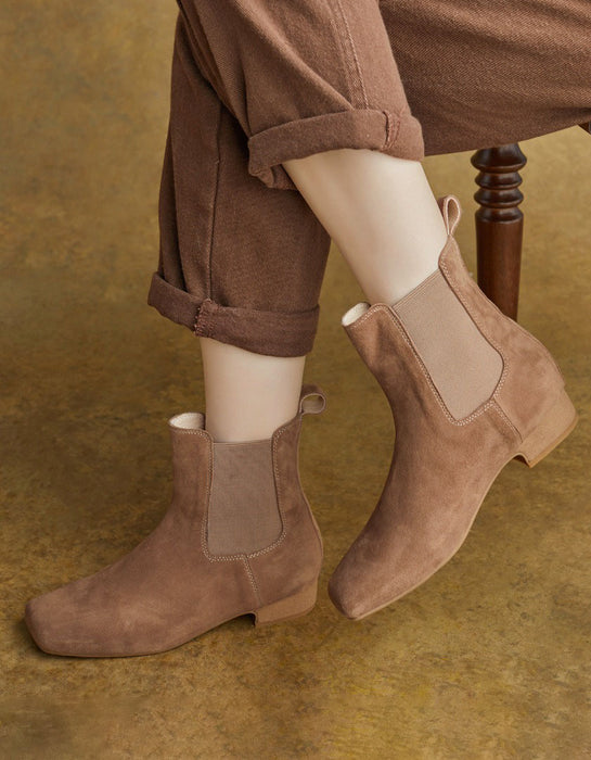 Autumn Winter Square Toe Side Elastic Slip-on Ankle Boots