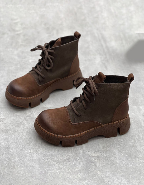 Autumn Winter Two Tone  Lace-up Wide Toe Box Boots
