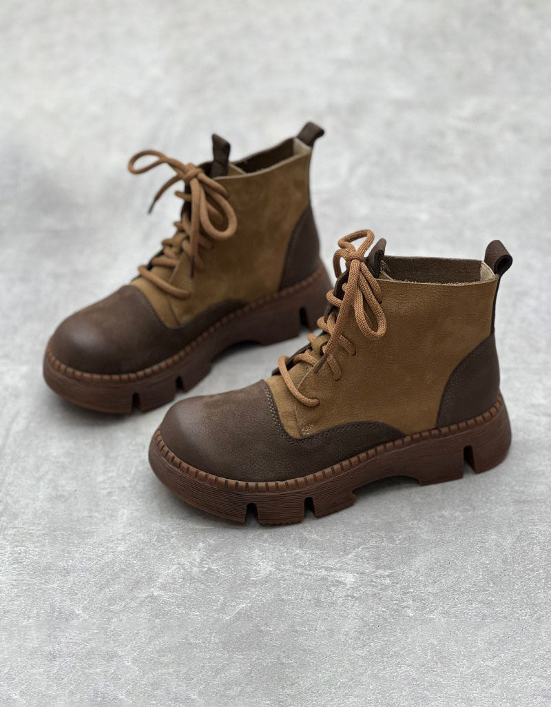 Autumn Winter Two Tone Lace-up Wide Toe Box Boots — Obiono