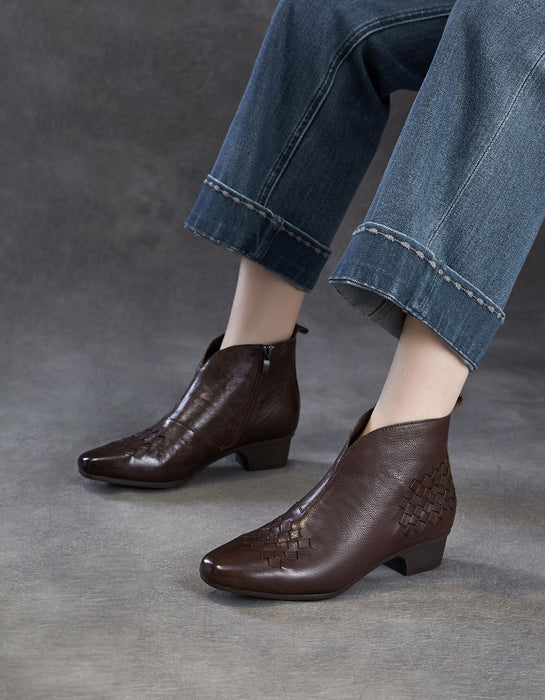 Autumn Winter Women's Genuine Leather Woven Ankle Boots