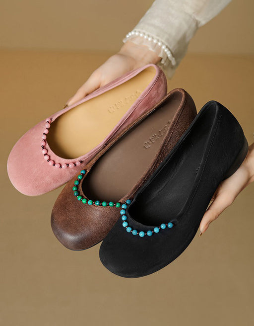 Beaded Decor Handmade Comfort Round Toe Flats for Women June Shoes Collection 2026 99.99