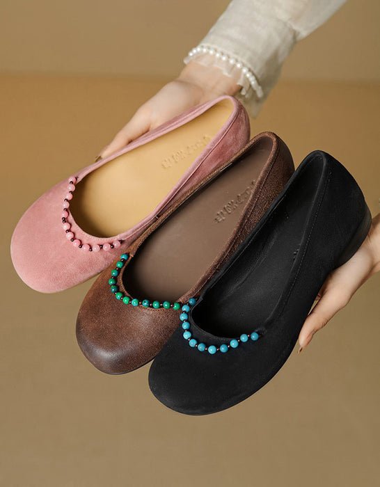 Beaded Decor Handmade Comfort Round Toe Flats for Women June Shoes Collection 2026 99.99