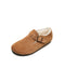 Brown suede clog shoe with a buckle on a white background